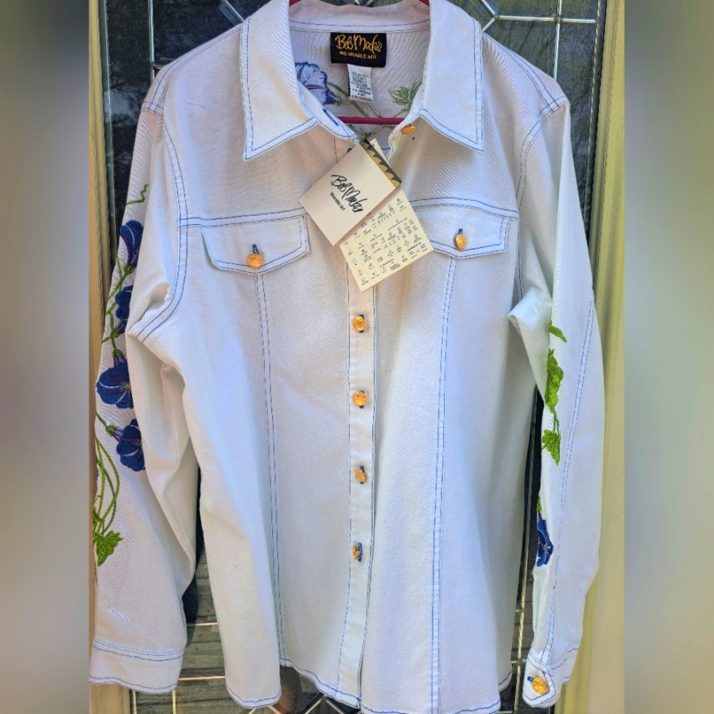 Bob Mackie Wearable Art Morning Glory Embroidered Jeans Jacket Sz M White Nwt